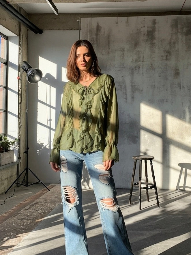 Luftige Rüschenbluse | Khaki, Knopfleiste
