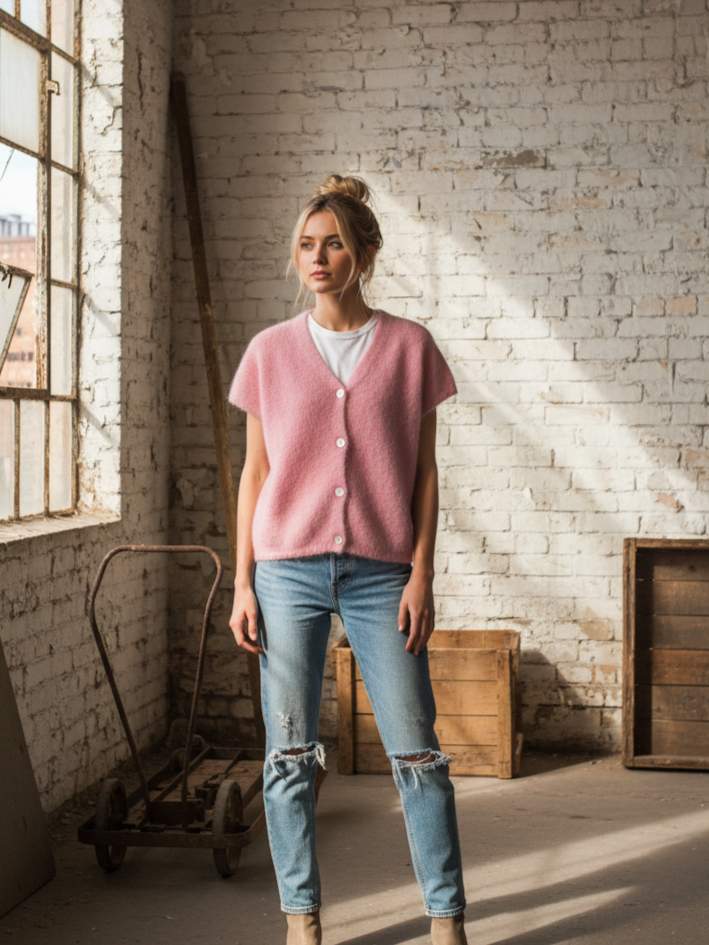 Rosa Strickweste | Knopfleiste, Mohairmischung