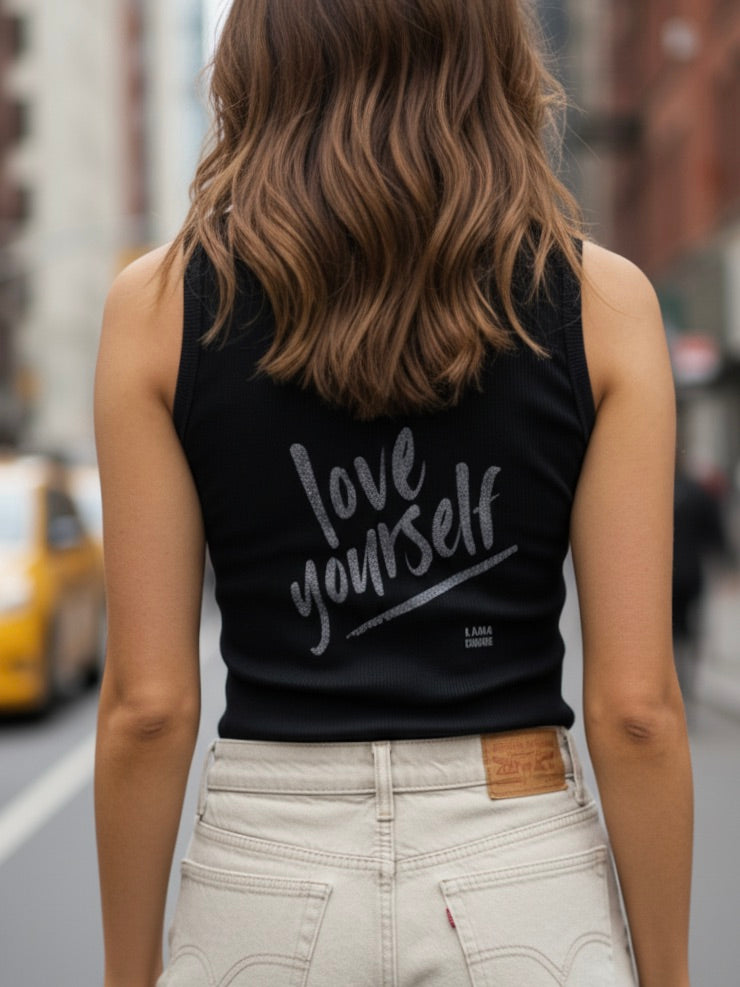 Trägertop | Love Yourself Print, schwarz, 100% Baumwolle