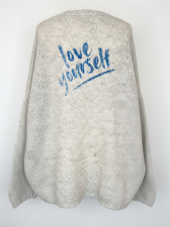 Oversized Strickjacke | beige, türkis, Holzknöpfe