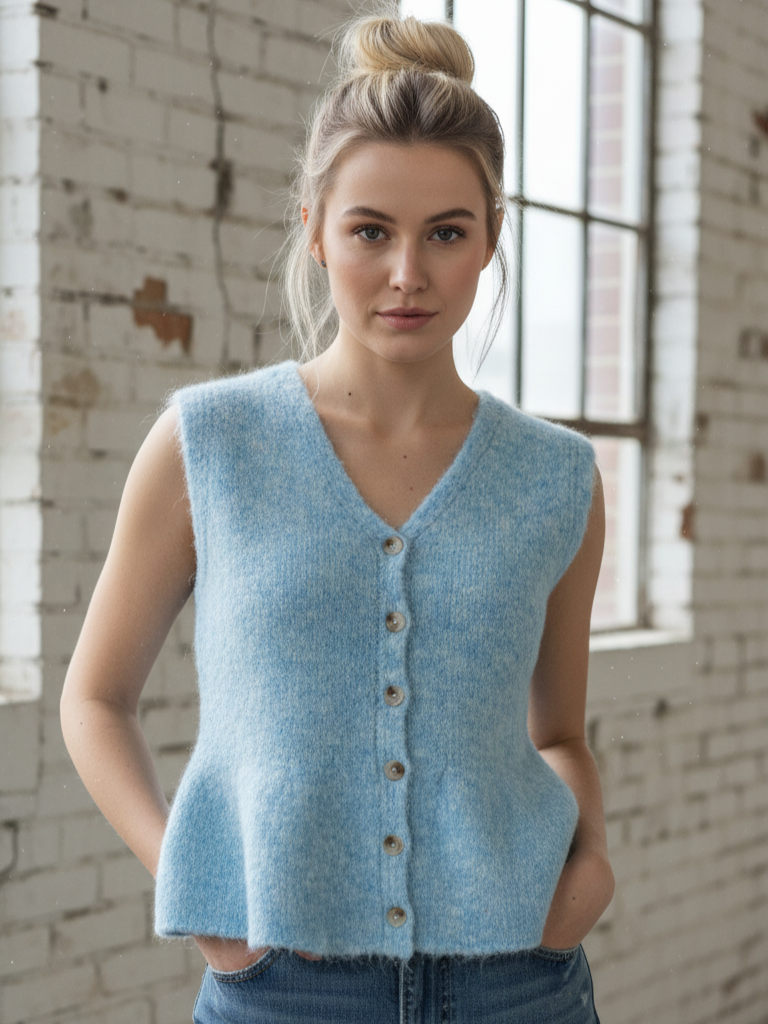 Blaue Strickweste mit Knopfleiste