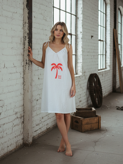 Kleid Spaghettiträger | weiß, 100% Baumwolle, Palmen Print