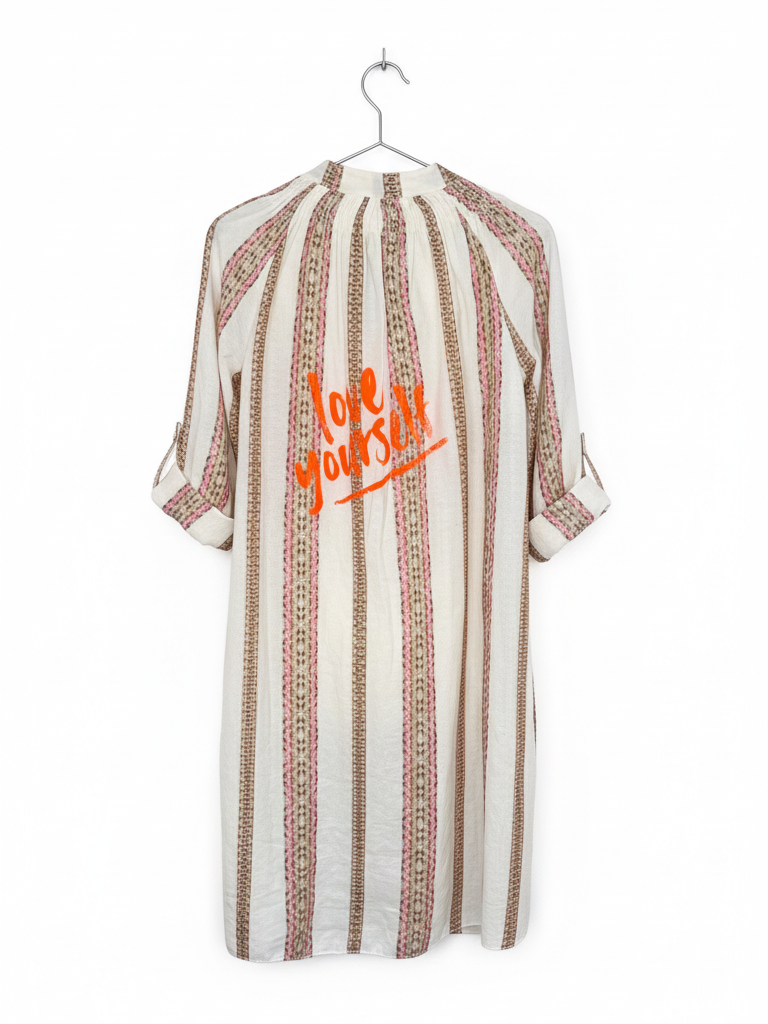 Gestreiftes Blusenkleid | beige, rosé, Baumwollmischung