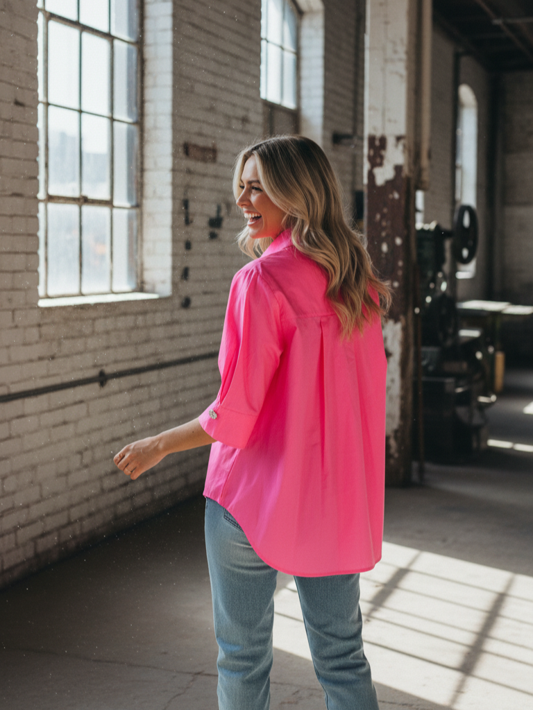 Pinke Bluse | Glitzer Manschetten, 100% Baumwolle